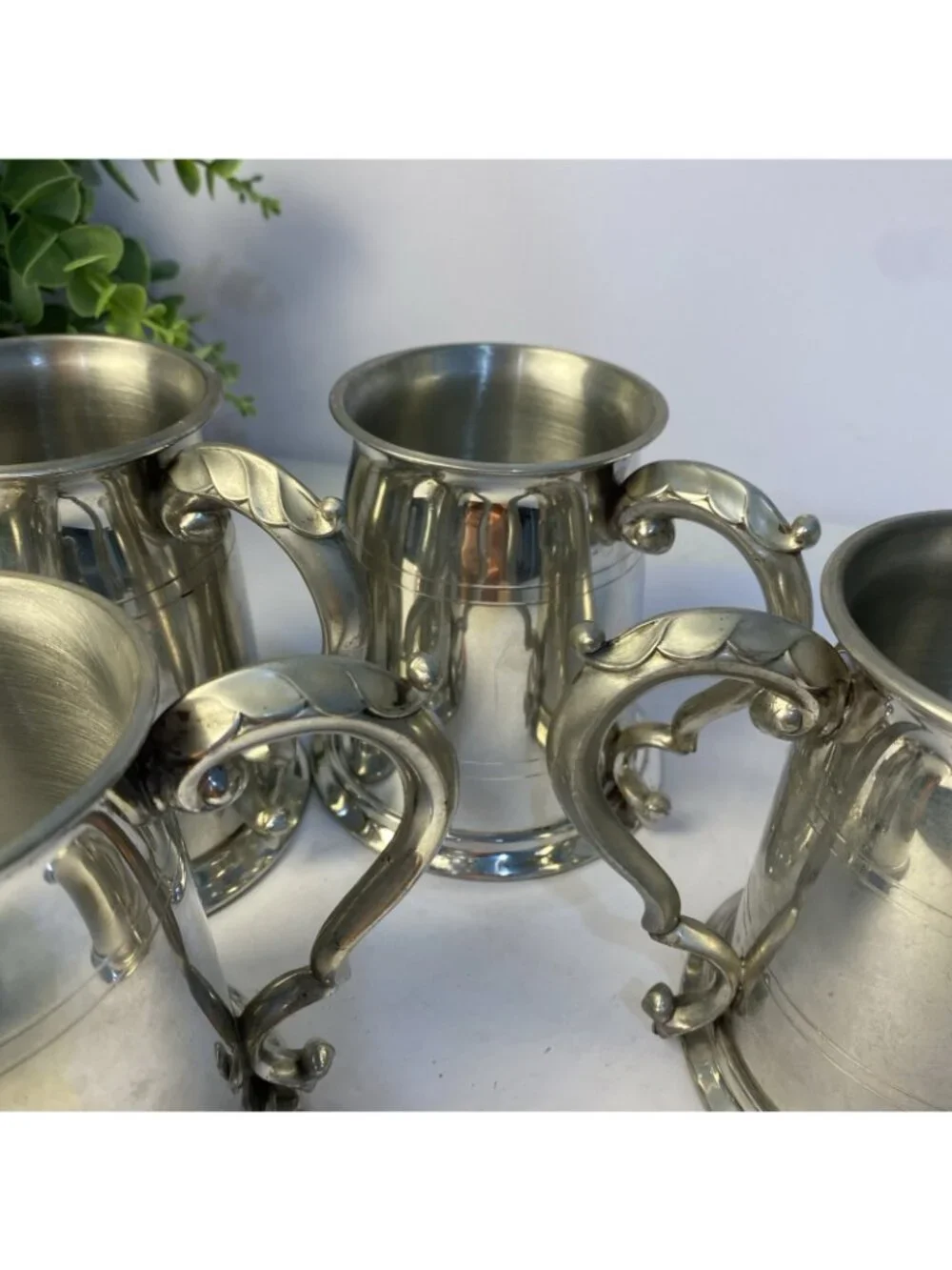 Set Of 5 Vintage Sheffield English Pewter Glass Bottom Tankard Mugs Monogrammed